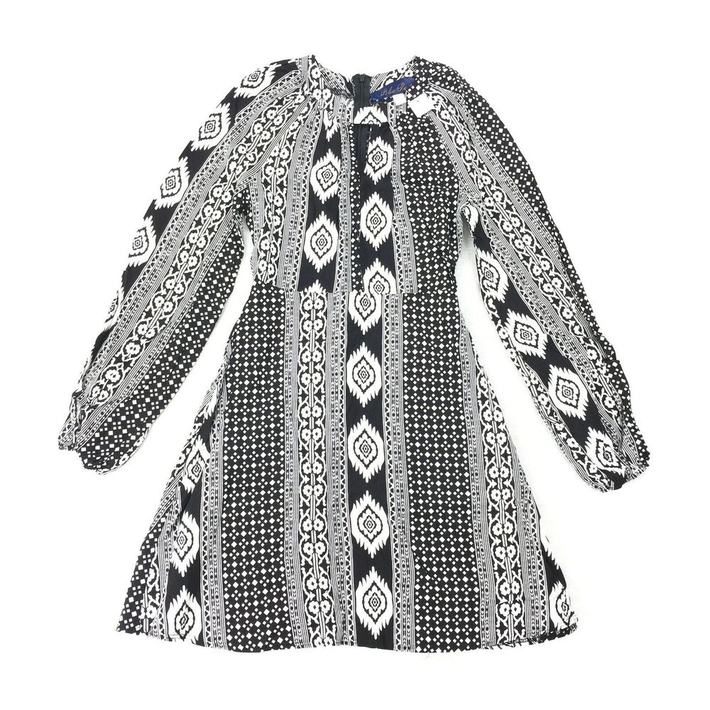 New Francesca Blue Rain Tribal Print Dress Size XXS Long Sleeve Black White